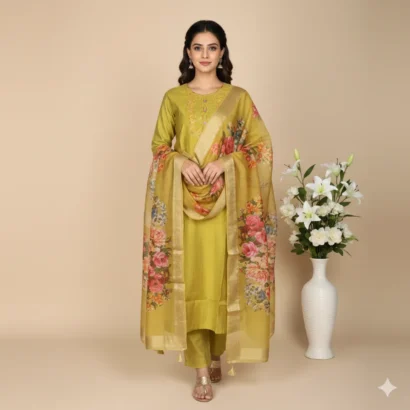 Enhance your ethnic wardrobe with this designer mustard yellow kurta set for women, a timeless piece that blends traditional elegance with modern fashion trends. Crafted in a luxurious silk blend fabric, this floral printed kurta with dupatta set is perfect for festive wear, wedding wear, party wear, and ethnic occasions. The straight-fit kurta features a stylish embroidered neckline, paired with comfortable matching pants and a lightweight dupatta adorned with bold rose floral motifs. The vibrant mustard yellow color adds a festive charm, making it a must-have outfit for Diwali, Karwa Chauth, Eid, Navratri, Raksha Bandhan, Haldi, Mehendi functions, or casual get-togethers. ✨ Highlights & Features: Premium silk blend kurta set for women Elegant floral print dupatta with tassel detailing Comfortable straight-cut pants for all-day wear Ideal for festive occasions, weddings, family functions & parties Perfect outfit for modern women who love traditional ethnic suits Easy styling with jhumkas, heels, and clutch bags ✨ Trending Keywords: kurta set for women | ethnic wear for women | festive wear suit | party wear kurta set | wedding kurta set for women | designer suit set | floral print kurta dupatta set | Indian ethnic wear | silk blend kurta set | mustard yellow kurta set | traditional wear for women | ethnic outfits for festive season